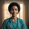 Portrait of a diverse female healthcare worker with a gentle smile, set against a soft, sun-drenched domestic interior.