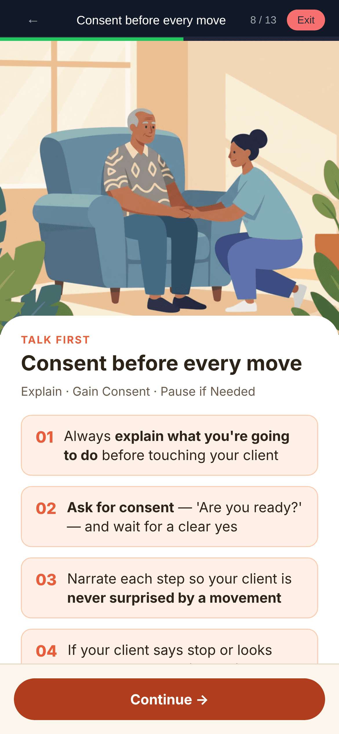 A Fern lesson on a phone: Consent before every move, from Safe Moving, Handling and Transfers, with an illustration of a support worker kneeling to talk with an older client in his armchair